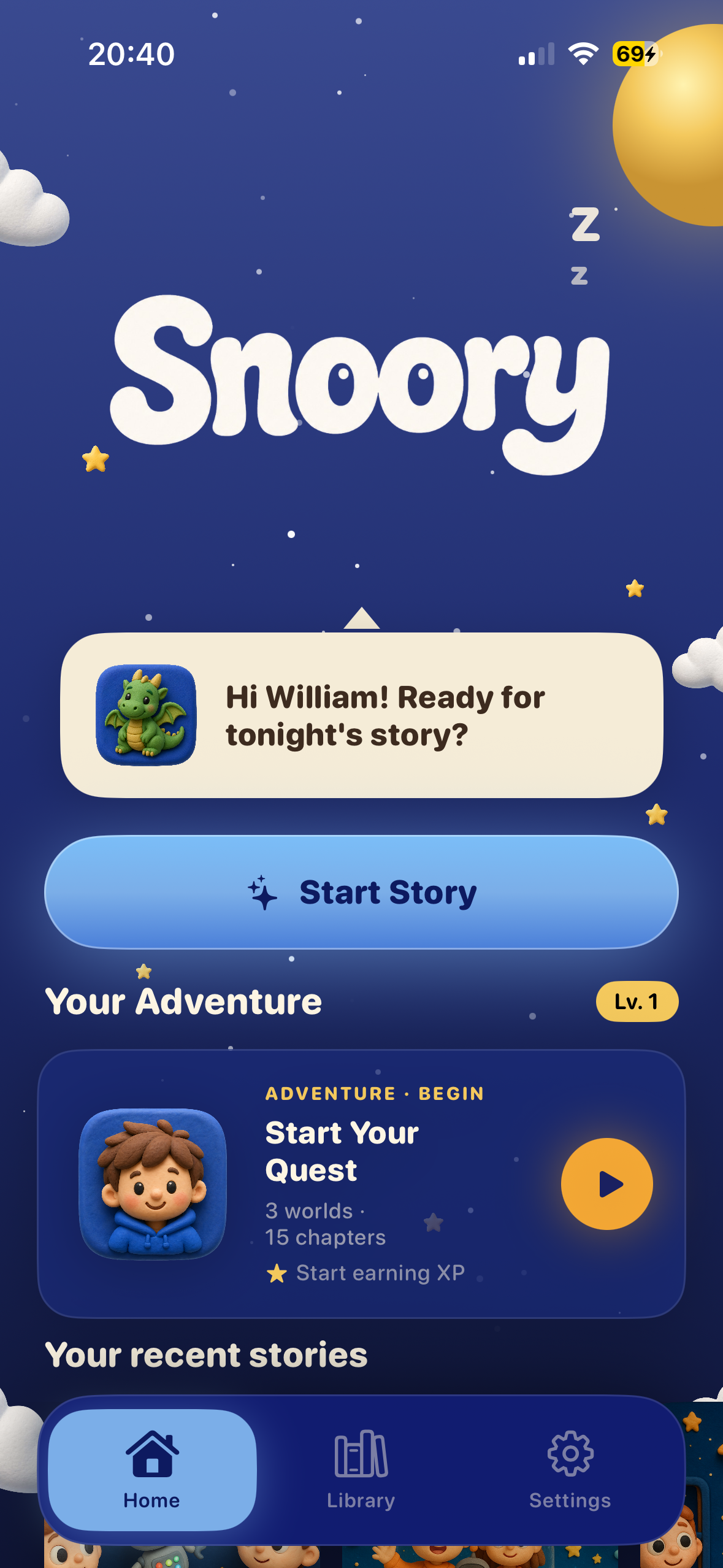 Snoory app home screen